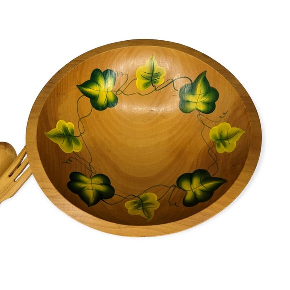 Vintage Wooden Footed Bowl with Matching Utensils - Picture 2 of 9